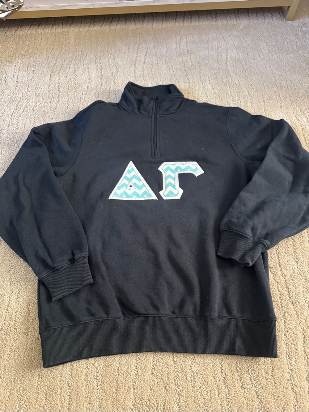 Delta Gamma Black Quarter-Zip Sweatshirt with Aqua Greek Letter Applique